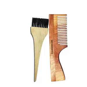BlackLaoban Handmade Wooden Combs Big Size Kacchi Neem Wood Comb Set - Neem Comb Combo For Men & Women Hair Growth - With Wooden Dye Brush - Anti Dandruff, Detangling Hair Fall Control Kanghi Handle Comb