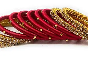 thread trends Plastic Gold Plated and Zircon Bangle Set for Women & Girls Set of 10 Bangles D-Pink -Gold (size-2/10)