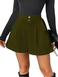 GRECIILOOKS Women's High Waist Tailored Shorts | Ribbed Poly Lycra Blend Summer Shorts with Pockets & Button Closure | Elegant Folded Hem Casual Wear for College, Brunch & Daily Outings