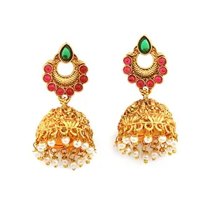 Accessher Matte Gold Plated Temple Inspired Ruby Emerald Embellished Goddess Lakshmi Ethnic Jhumki Earrings with Pearl Drops for Women and Girls Pack of 1