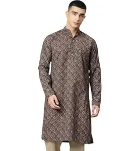 Majestic Man Men’s Regular Fit Ethnic Motifs Printed Pure Cotton Long Kurta with Mandarin Collar & Full Sleeves