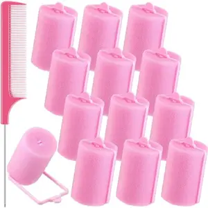 SIYAA 12 Pieces Foam Sponge Hair Rollers, 1.89 inch/ 4.8 cm Soft Sleeping Hair Curler Flexible Hair Styling Sponge Curler and Stainless Steel Rat Tail Comb Pintail Comb for Hair Styling (Pink