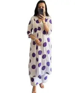Women’s Rayon Printed A-Line Kurta Set V-Neck Stylish Ethnic Kurti Casual Wear Long Kurta for Women