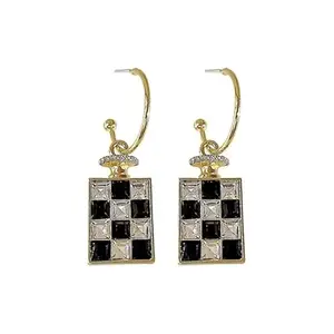 Stylish Pehnawa Rhinestone Checkboard Earrings Black and White Crystal, Trendy Drop Earrings For Women & Girls