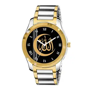 Gadgets World Analogue Islamic Allah Chand Design Round Roman Dial Latest Fashion Attractive Black Leather Strap Stylish Wrist Watch for Men and Boys, Pack of 1 - RMNGPMen