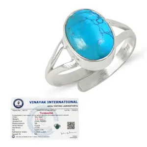 Crystu Natural Certified Turquoise firoza Gemstone Ring Original Silver 925 Adjustable Ring for Women Men - 6 Ct Approx