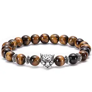 EDMIRIA Silver Plated Leopard Panther with Natural Tiger Eye 8mm Gemstones Beads Elastic Stretchable Bracelet | Semi Precious Stones Chakra Healing Crystal Bracelet for Men Women