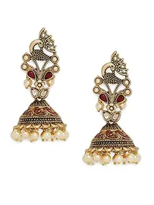 OOMPH Jewellery Matte Gold Red Meenakari Jhumka Earrings - Peacock Design - For Women & Girls Stylish Latest (ECK20_Z3)- For Women & Girls Stylish Latest