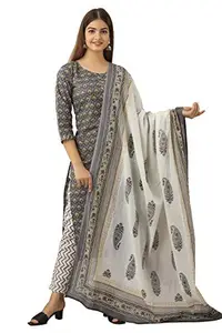 Rangreal Women's Cotton Dress With Dupatta In Grey Color(Size-L)