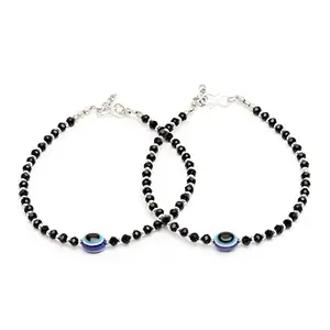 sanjog Silver Evil Eye Charms Black Thread Handmade Adjustable Anklet (Payal) forWomen/Men/Unisex - Pack of 2