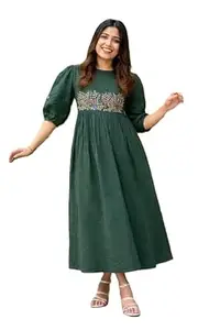 Women's Embroidered Maxi Dress, 3/4 Sleeve, A-Line, Floral Embellished Waist, Ankle Length