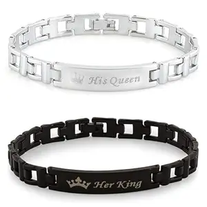 BEAUTIVIA Silver & Black His Queen & Her King Metal Couple Bracelet for Boys & Girls (SILVER BLACK) (Multicolor)