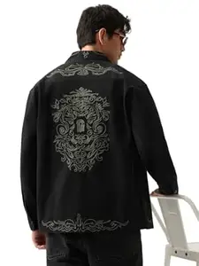 The Souled Store Flow Men and Boys Long Sleeves Spread Collar Black Embroidered Cotton Oversized Fit Casual Lightweight Drop Shoulder Streetwear Trendy Breathable Shackets