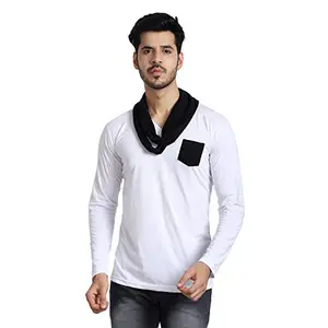 Black Collection Men's V-Neck Attached Muffler White, Black Full Sleeve T-Shirt (SKU: BCSA0003_WhiteBlack_L)