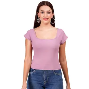The Linen Home Solid Square Neck Short Sleeves Ribbed Tops for Women|Regular Tank Top for Women|Tee Top for Women's & Girl's|Half Sleeve Streachable Top(Light Purple-S)