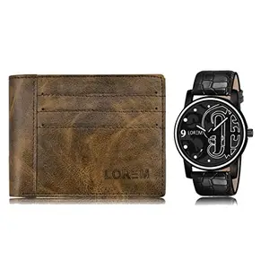 LOREM Combo of Black Wrist Watch & Brown Color Artificial Leather Wallet (Fz-Wl19-Lr70)
