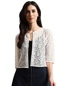 UnaOne Women Off-White Paisley Ethnic Print Self Design Cotton Nylon Round Neck Open Front Casual Outwear Shrug Jacket Sweater