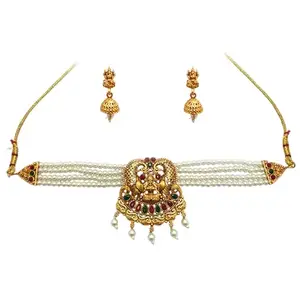 Antique Pearl Choker With Laxmi Peacock Necklace Jewellery Set With Jhumka For Women & Girls | Weddings, Festivals