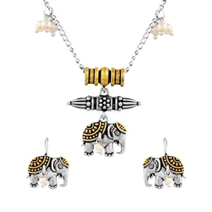 VOYLLA Qasbah Oxidised Two Tone Gajraj Necklace Set For Women|Oxidised Long Necklace Set For Women|Dual Tone|Everyday|Festive|Diwali|Karwachauth|Gift For Her