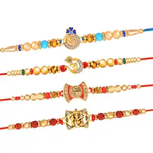 De Marquis Religious Pearl Kundan Rakhi Set, Chawal Roli Pack, Greeting Card Set (4 Rakhi Set)