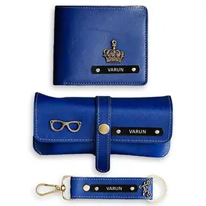 Homafy Leather Wallet Gift Set for Men | Leather Combo for Men | Birthday Combo for Men | Leather Eyewear, Keychain & Personalized Wallet (Blue)