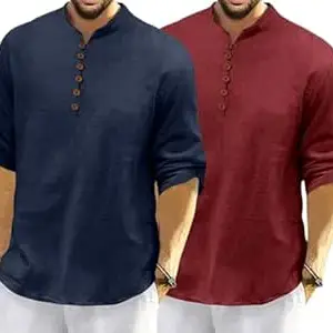 FINIVO FASHION Combo of Men’s Casual Full Sleeve Kurta Style Shirt with Button Placket, Lightweight Breathable Fabric, Regular Fit Ethnic Fusion Wear for Daily & Festive Use Pack of 2