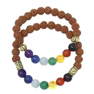 Lady Works 7 Chakra Stone & Rudraksha 8mm Round Smooth beads Long Distance Couples Love Friendship Combo Bracelet Set - Couples Relationship 7 inch Stretchable Bracelets set|LW_BRCP_002_7