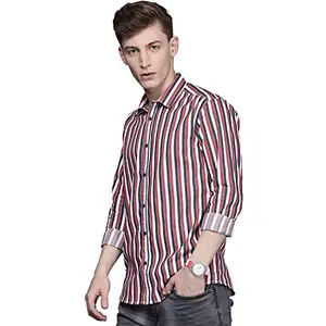 VOI Jeans Men's Red White Indigo Stripes Spread Collar Full Sleeve Slim Fit Shirts