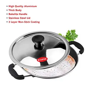 CASTOR iBELL 205 Premium Non-Stick Aluminium Appam Pan with Lid, Appachatty, 200mm, Silver price in India.