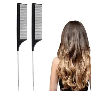 ZAUKY Comb for Hair Stylist, Parting Comb for Braiding Hair, Detangling Teasing Comb, Nylon Pintail Comb with Stainless Steel (Black) (Rat Tail Comb)(PACK OF 2PCS)
