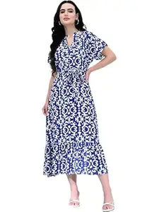 JUSTHER Women's Elegant Ikat Print Midi Dress – Wrinkle-Free A-Line Dress with Adjustable Waist Tie and V-Neckline