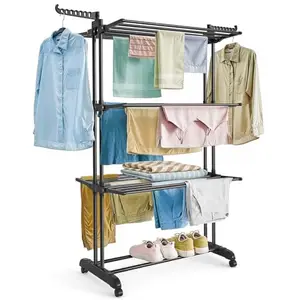 ABOUT SPACE 5.5 ft Clothes Drying Stand - 3 Layer Foldable Cloth Dryer Stand, Portable with Castor Wheels, 24 Hanger Rods & 2 Wings - Anti Rust Steel Double Pole (Black - L 75 x B 50 x H 168 cm)