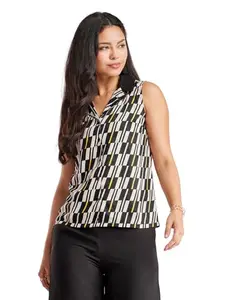 FableStreet Geometric Notch Collar Top - Black and Off White