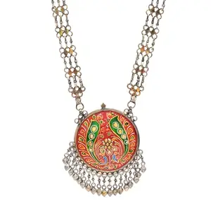 Tvayaa Art Enamel Long Necklace Pendant Handmade Silver Oxidised Antique Dual Tone Polish Bollywood Design Hand- Painted Bohemian Jewellery For Women & Girls