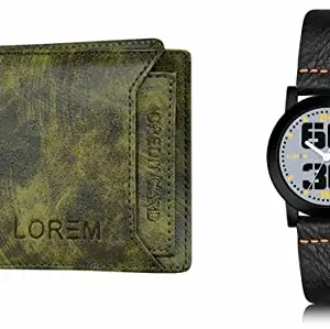 LOREM Green Color Faux Leather Wallet & Grey Analog Watch Combo for Men & Women | WL27-LR251
