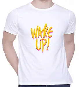 CreativiT Graphic Printed T-Shirt for Unisex Wake Up Tshirt | Casual Half Sleeve Round Neck T-Shirt | 100% Cotton | D00817-24_White_XX-Large