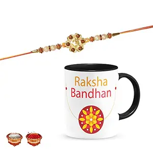 Manonita Rakhi Gift for Brother, bhaiya bhabhi, Gift Set (Rakshabandhan Mug, Roli,Chawal) BLACKMUG-8-BJ