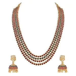 I Jewels Gold Plated Traditional Multi Layered Ruby Stone Handcrafted Long Necklace Jewellery Set with Earrings for Women & Girls (MC148QG)