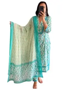 Honesst Ennterprise Women's Cotton Floral Printed Anazrkali Kurti with Pant & Dupatta Set