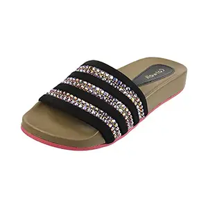 Catwalk Women's Embellished Beaded Slides Black Slipper (5144C)