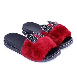 Joda Ghar Women's Slippers Indoor House or Outdoor Latest Fashion Maroon Cute furr FlipFlop Slipper for women - Eu Size 36 | UK Size 3 [Cheeni Kaan-Maroon]