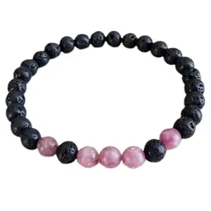 RRJEWELZ Unisex Bracelet 8mm Natural Gemstone Black Lava & Pink Jade Round shape Smooth cut beads 7 inch stretchable bracelet for men & women. | STBR_01307