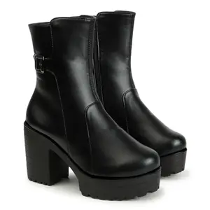 STRASSE PARIS Sylish Buckle Ankle Boots Zipper Block High Heels Faux Boots for Womens & Girls,6