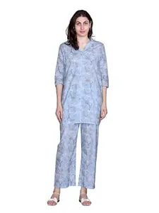 KIZA Women Cotton Kurti Pyjama Set | Floral Print Kurta Pant Co-ord Set | Soft Breathable Lightweight Fabric | Elegant Ethnic Wear Outfit | Stylish Comfortable Kurti Set for Women Blue