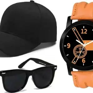 GIFFEMANS GFMN1289 Analog Black Dial Brown Strap Watch with Sunglass and Cap for Boys (Combo of 3)