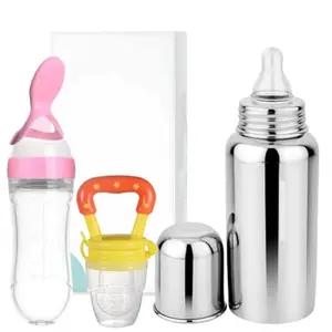 KINDAR CARE Silicone Baby Spoon Feeder Feeding Bottle (90ml, Ideal for 4 Months+ Babies) | Stainless Steel Milk Bottle (250 ML) & Food/Fruit Feeder/Nibbler (Set of 3 Items),KINCARE04