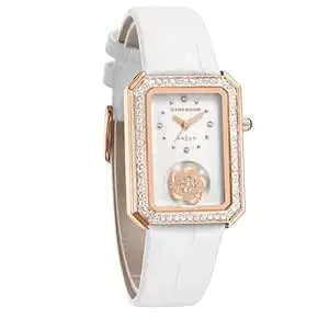 Giordano Arias by Signature Collection Analog Quartz Watch for Women with Rectangular Mother-of-Pearl Floral Design White Dial, Crystal-Studded Bezel and Leather Strap - GZ-60174