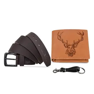 URBAN FOREST Murphy Vintage Cognac Wallet, Brown Casual Leather Belt & Leather Keychain Combo Gift Set for Men