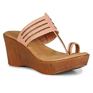 Right Steps Fashion Sandals | Faux Leather Comfortable and Stylish Wedge Slip on| For Casual Wear & Formal Wear Occasions 4 inches heel for Women & Girls (Peach, numeric_3)