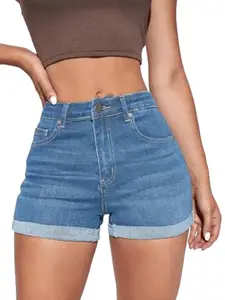 Aahwan Blue Essnce Zipper Fly Cuffed Hem Denim Casual Summer Shorts Women's & Girls (253-Blue-28)
